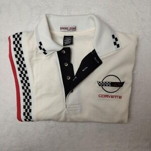 Vintage Speed Zone Corvette Polo Shirt Mens Medium Y2K Racing Checkered Flag USA